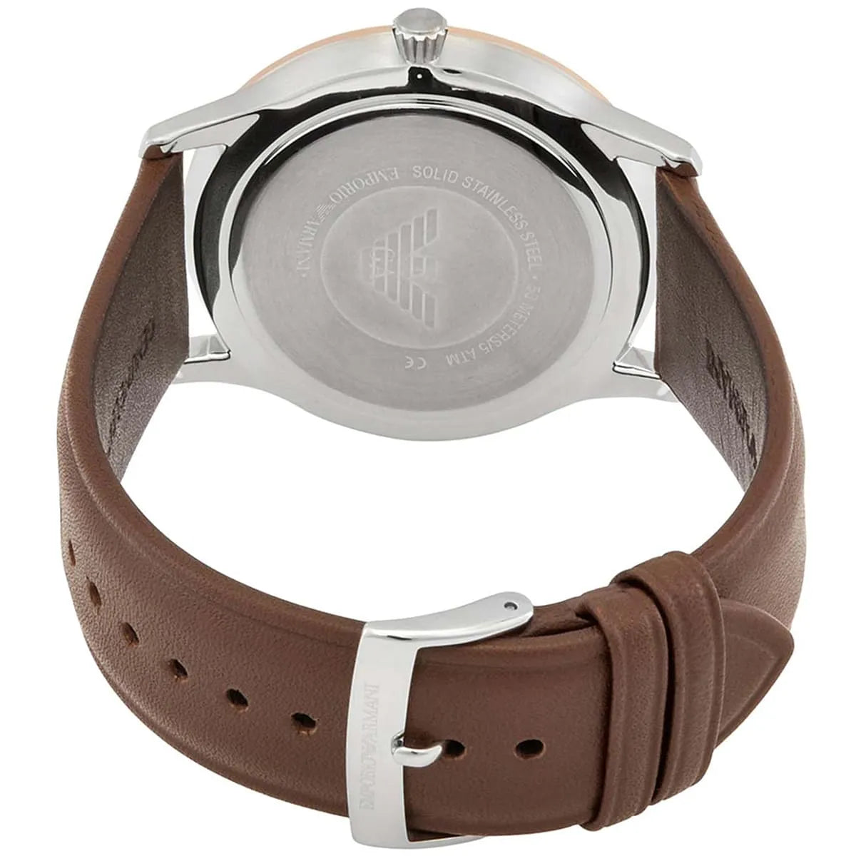 Emporio Armani Giovanni caseback with engraved eagle logo and metal case detail