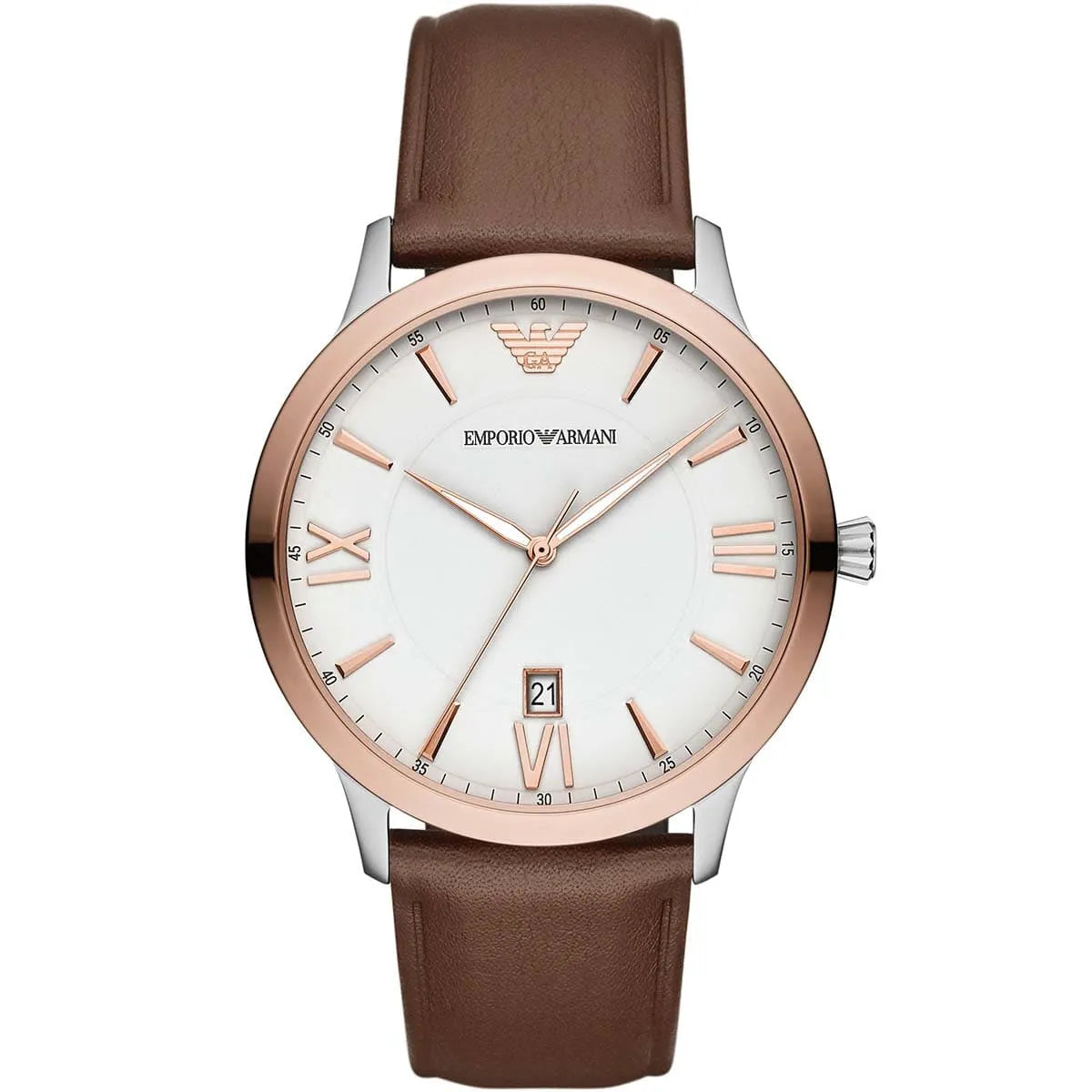 Emporio Armani Giovanni watch with white dial, rose gold case, and brown leather strap