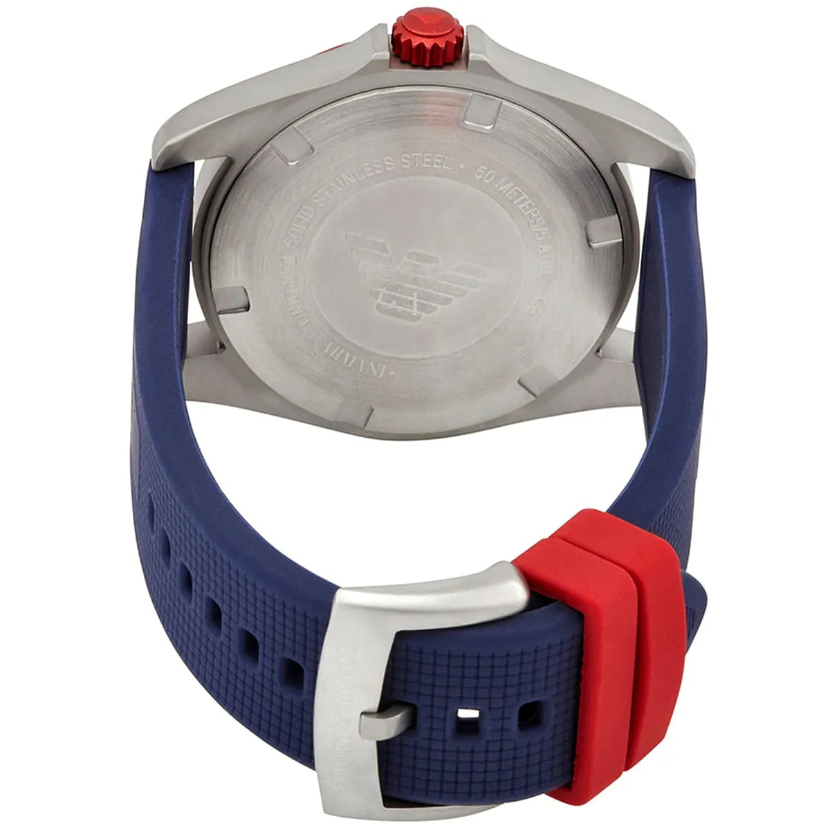 Case back of Emporio Armani Sigma AR11217 showing stainless steel back with engraved branding