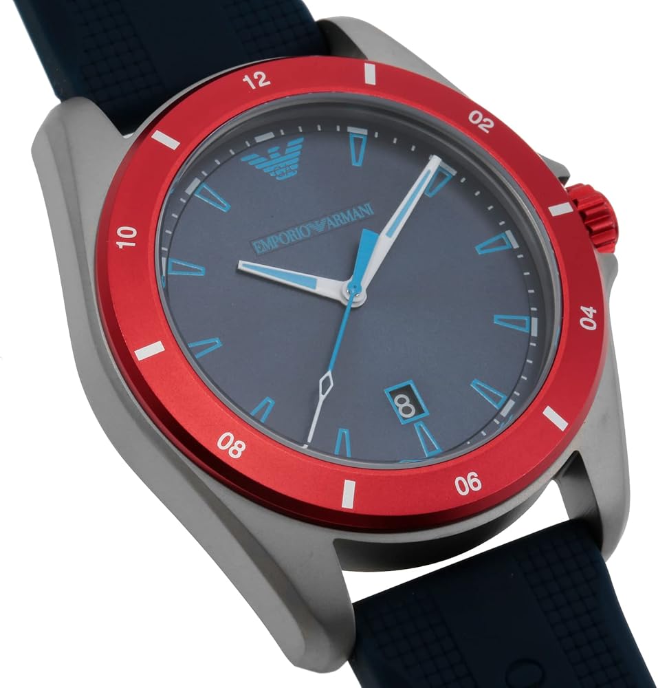 Close-up of Emporio Armani Sigma watch dial showing blue face, red bezel, and hour markers