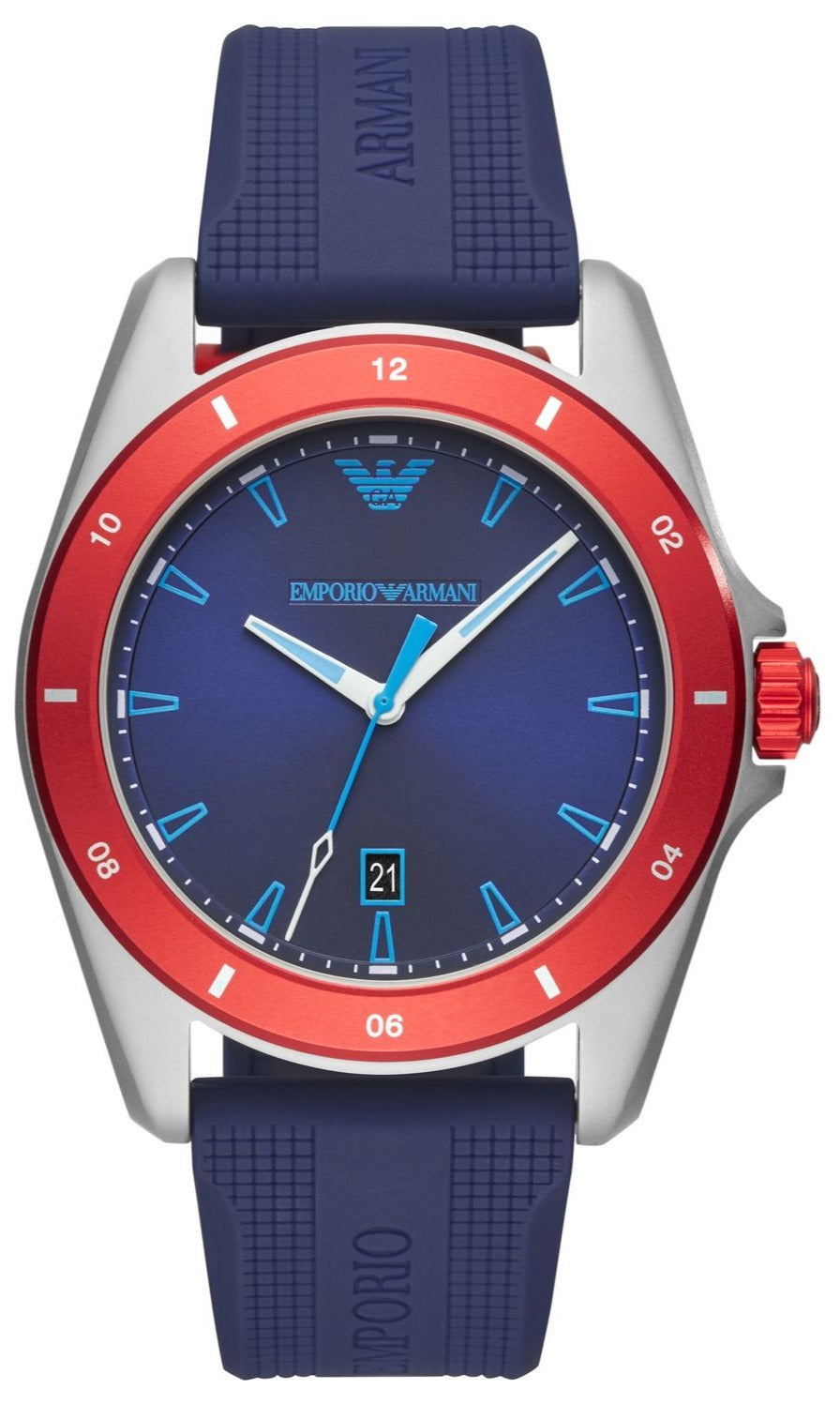 Emporio Armani Sigma AR11217 with blue dial, red bezel, stainless steel case and navy silicone strap