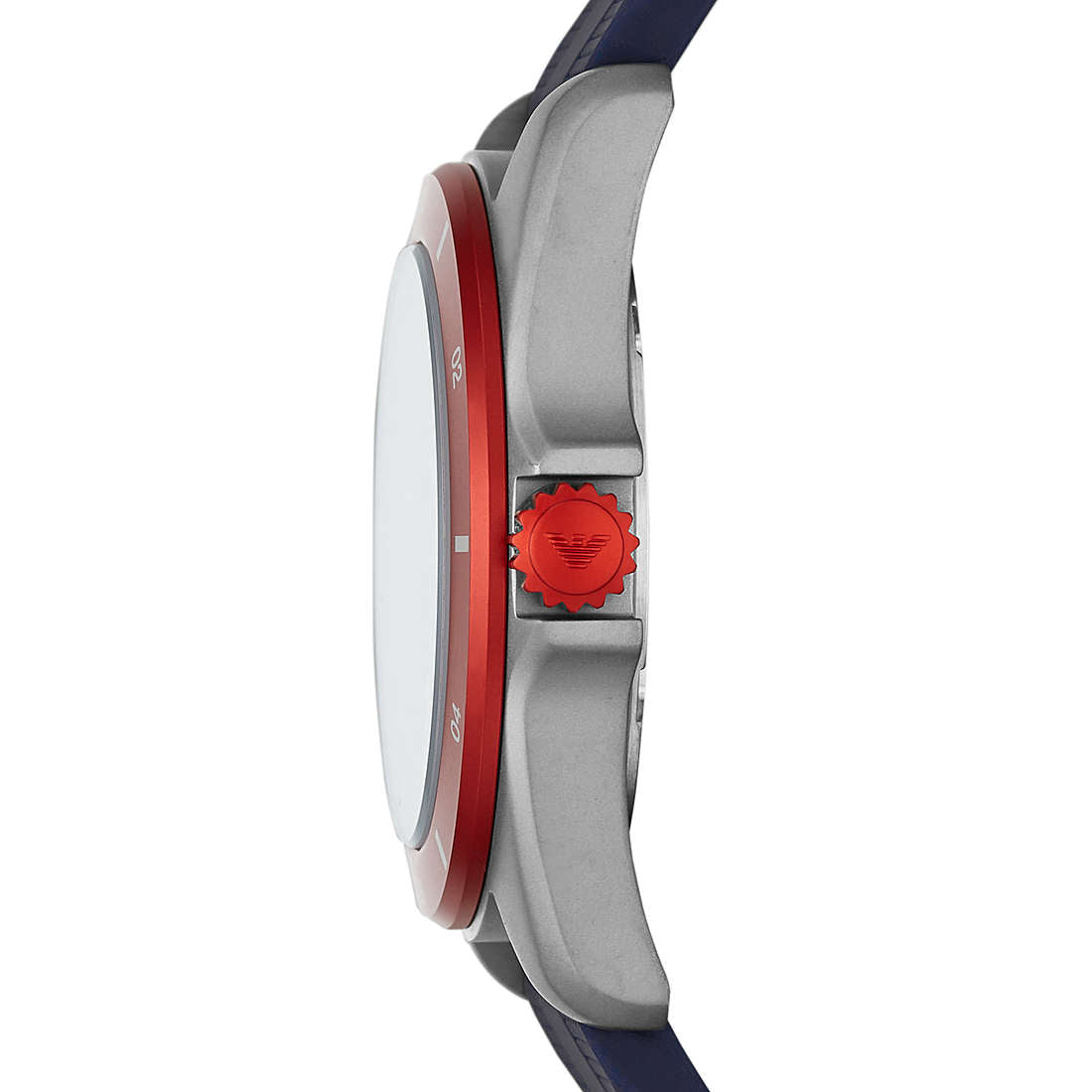 Side profile of Emporio Armani Sigma AR11217 showing red crown and case thickness