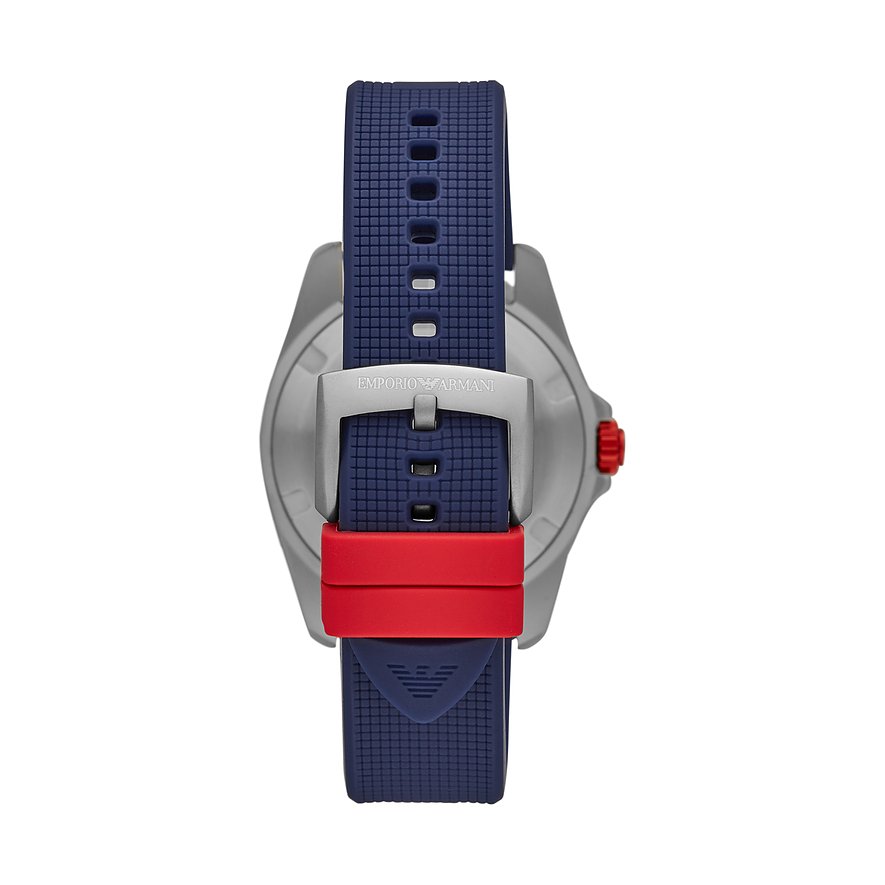 Navy silicone strap and red guard of Emporio Armani Sigma AR11217 with stainless steel case lug