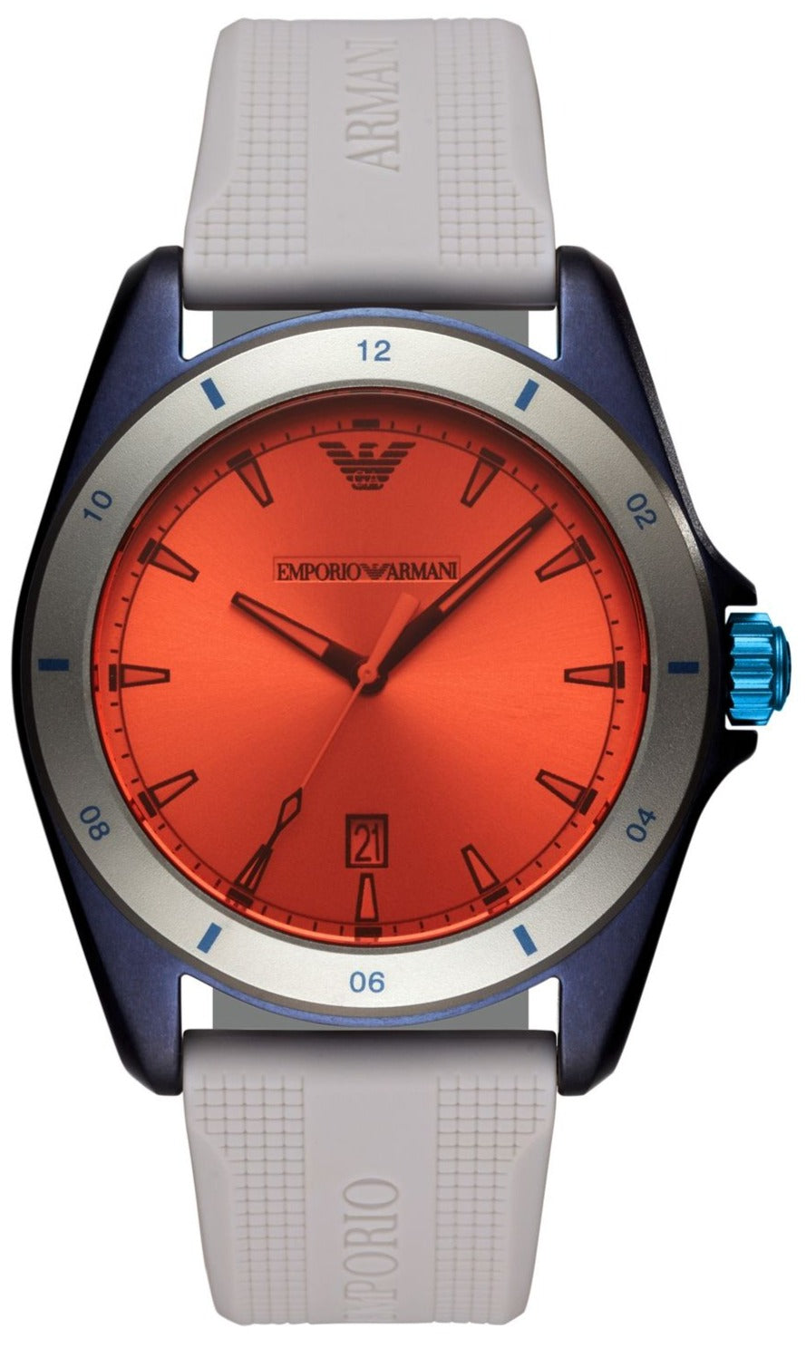Emporio Armani AR11218 watch with orange dial, navy case, and grey silicone strap