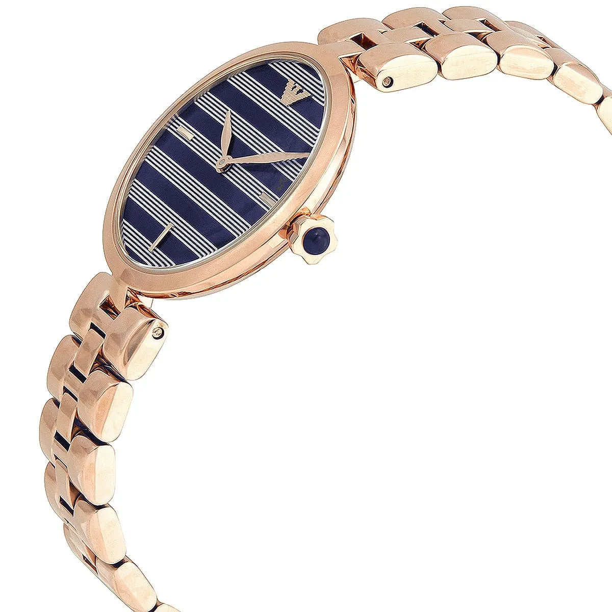 Emporio Armani AR11220 women's watch angled view with blue dial and rose gold bracelet