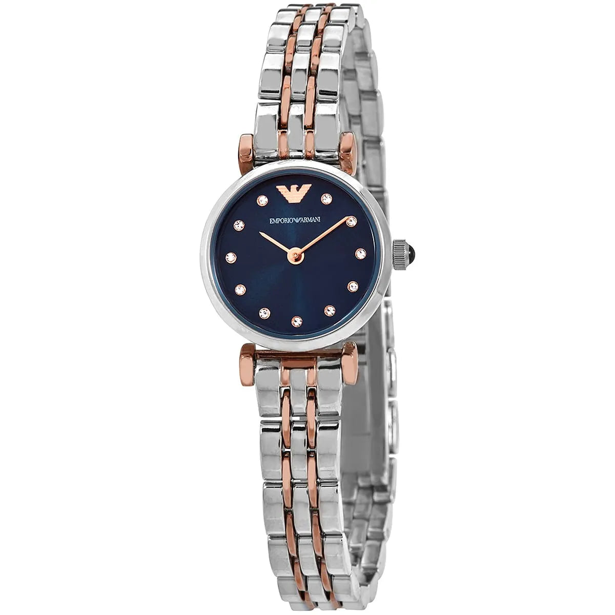 Angled view of Emporio Armani AR11222 watch showing crystal blue dial and diamond hour markers
