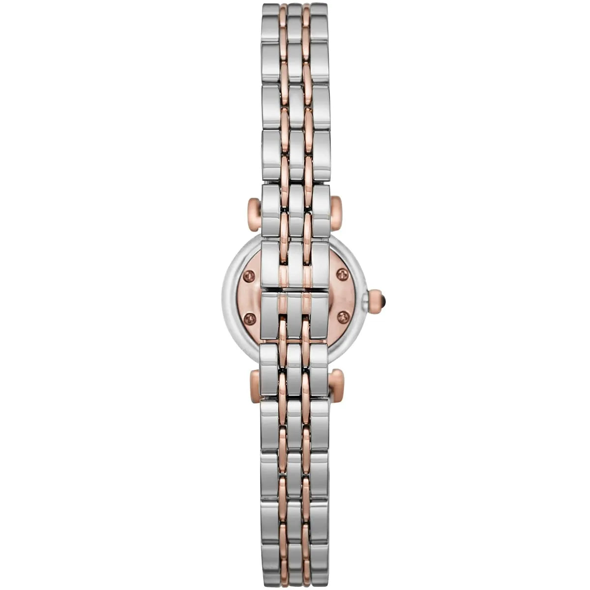 Caseback view of Emporio Armani AR11222 watch showing rose gold case and stainless steel details
