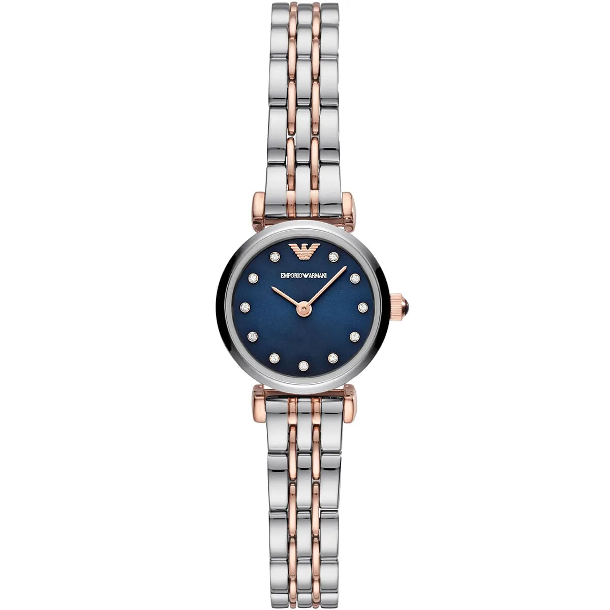 Emporio Armani AR11222 ladies watch with blue dial and two-tone stainless steel rose gold bracelet