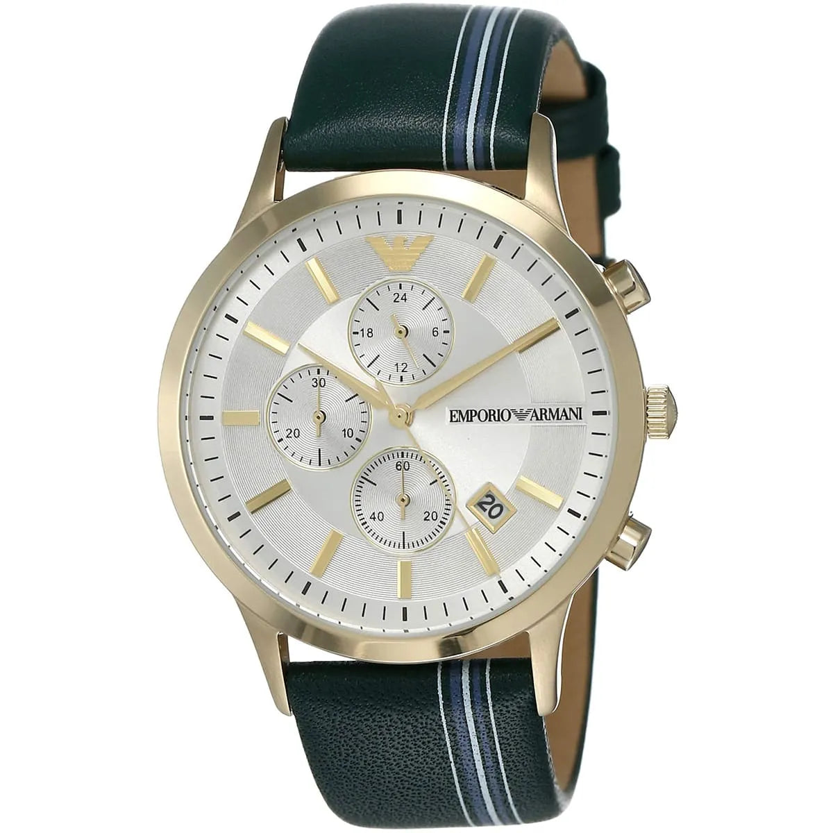 Emporio Armani AR11233 watch angled view showing gold case and green leather strap