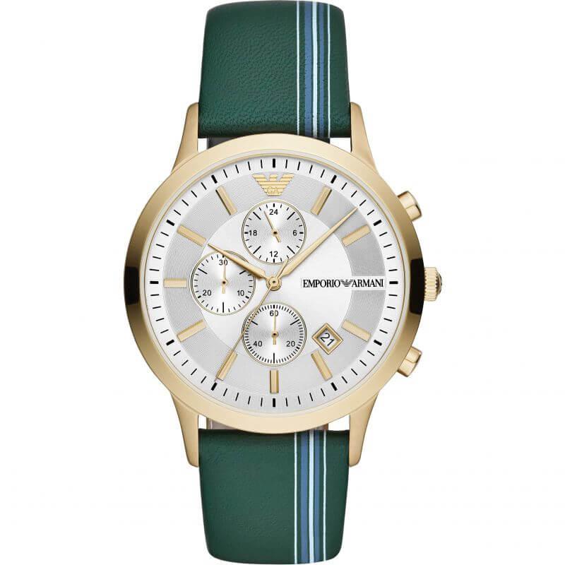 Emporio Armani AR11233 chronograph watch with silver dial, gold case, and green strap with white stripe