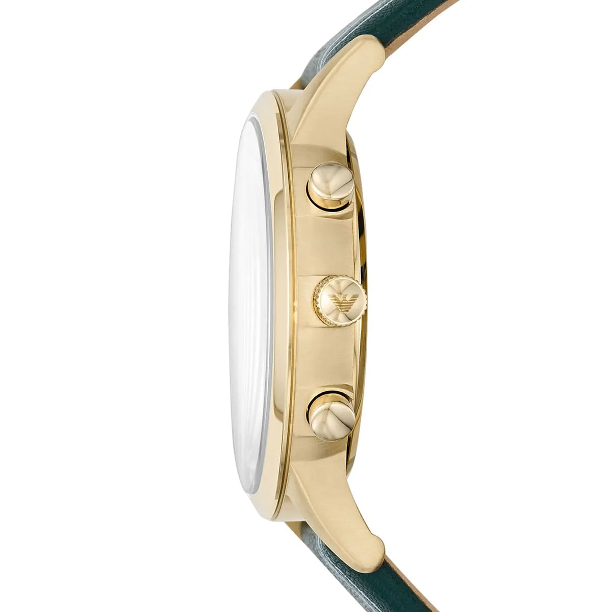 Emporio Armani AR11233 watch side profile with gold case and chronograph pushers visible