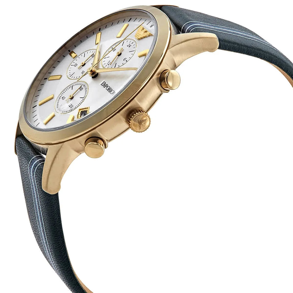 Emporio Armani AR11233 side view showing gold chronograph pushers and green leather strap