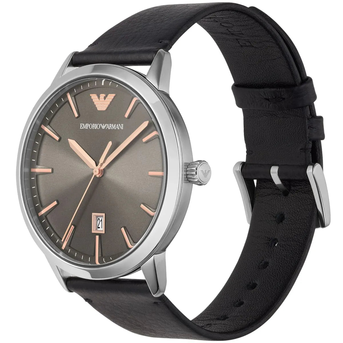 Emporio Armani Rugerro AR11277 three-quarter angle view showing gray dial with rose gold hour markers and black leather strap