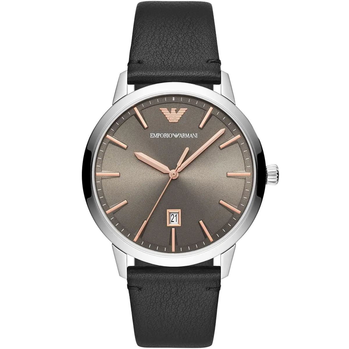 Emporio Armani Rugerro AR11277 men's watch with gray dial and black leather strap, front view