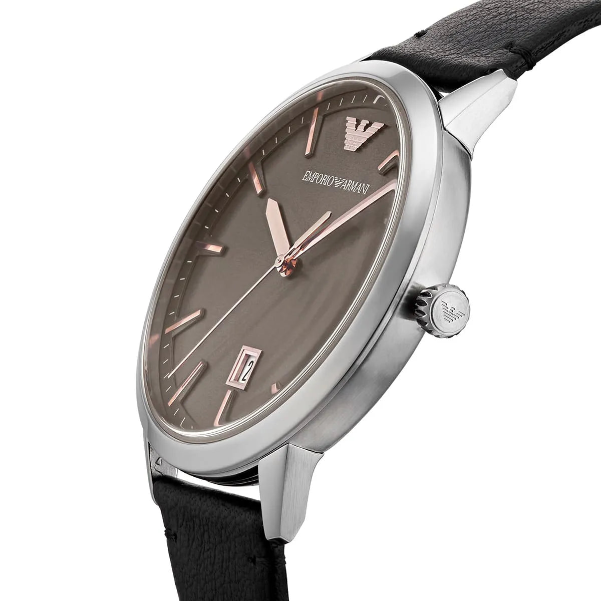 Emporio Armani Rugerro AR11277 side profile showing stainless steel case depth and black leather strap