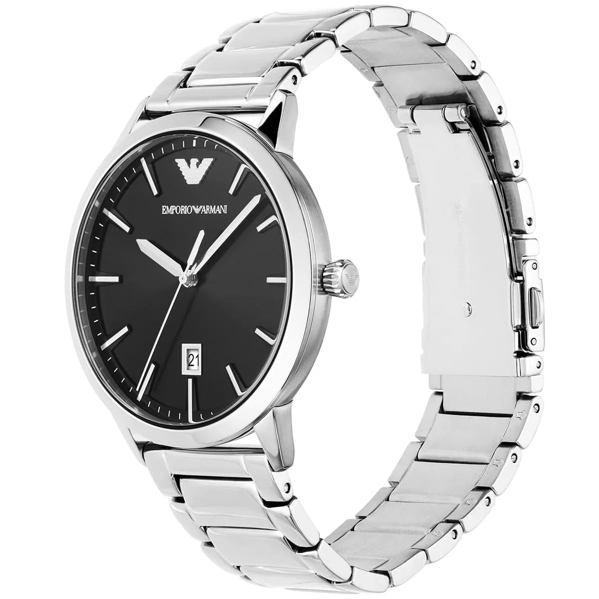 Side angle view of Emporio Armani Ruggero watch showing stainless steel case and bracelet