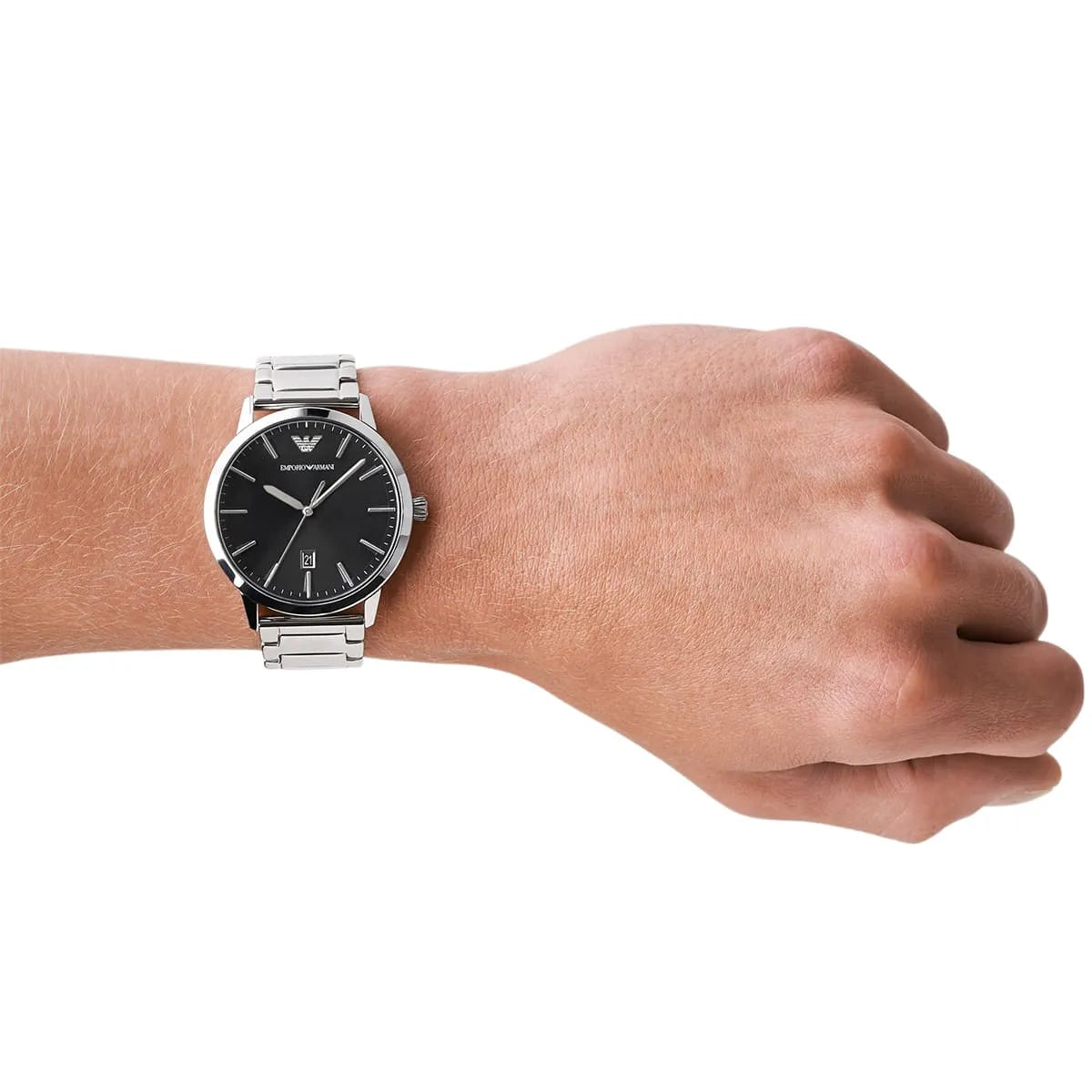 Emporio Armani Ruggero black dial watch worn on wrist