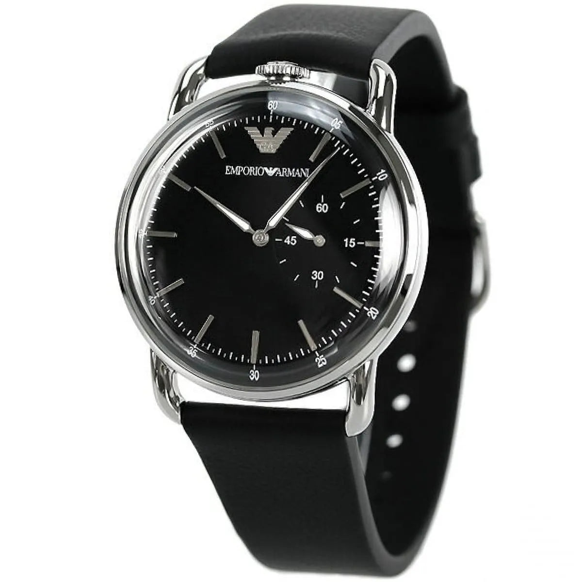Three-quarter view of Emporio Armani AR11336 showing black dial, leather strap, and polished stainless steel case