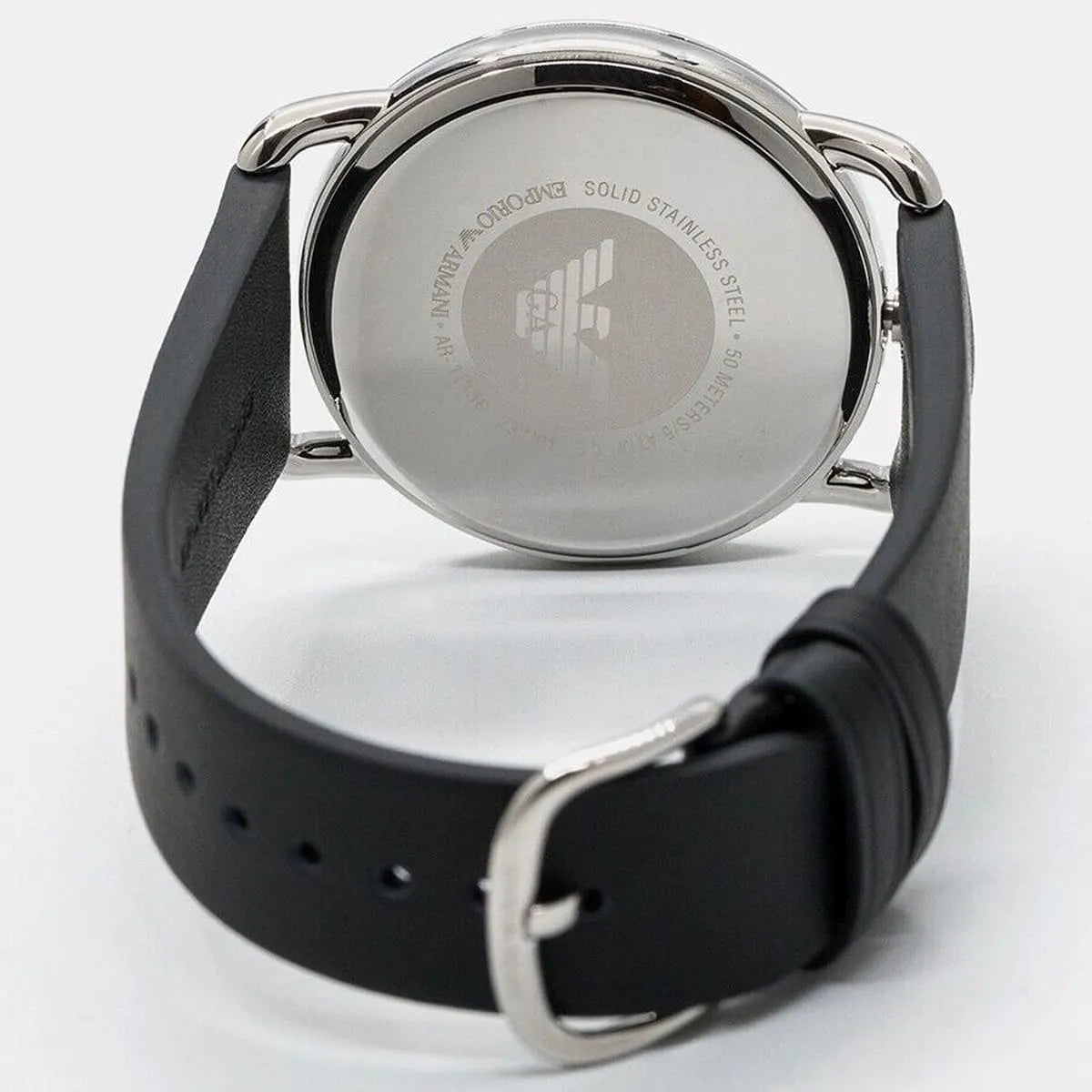 Caseback of Emporio Armani AR11336 with engraved Armani logo and watch specifications
