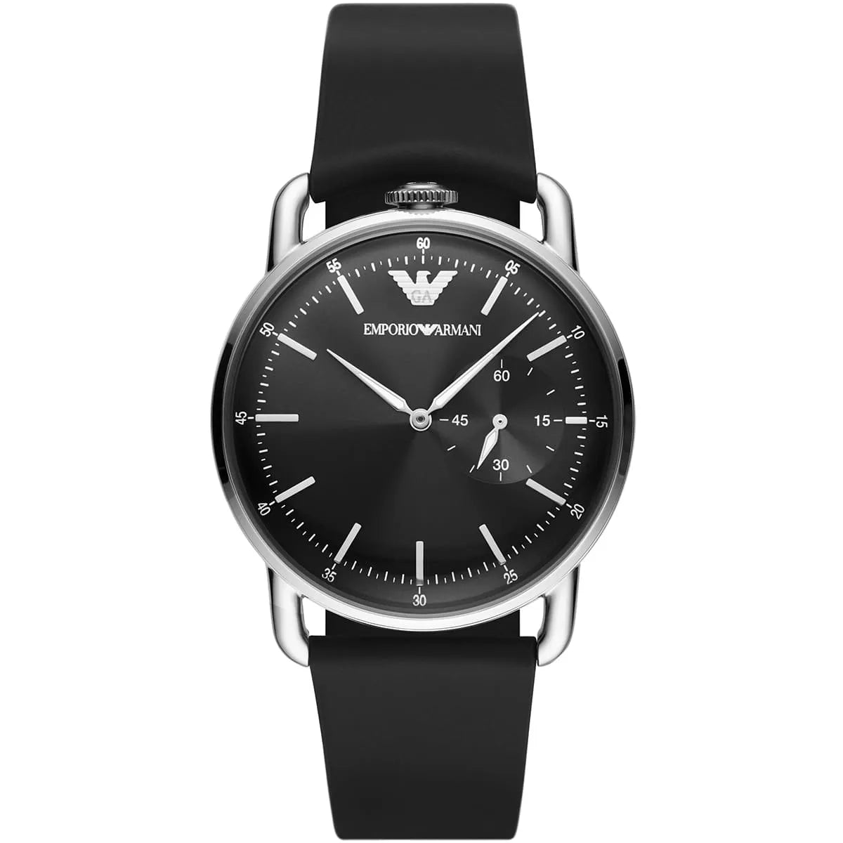 Emporio Armani AR11336 watch with black dial, white hour markers, stainless steel case, and black leather strap