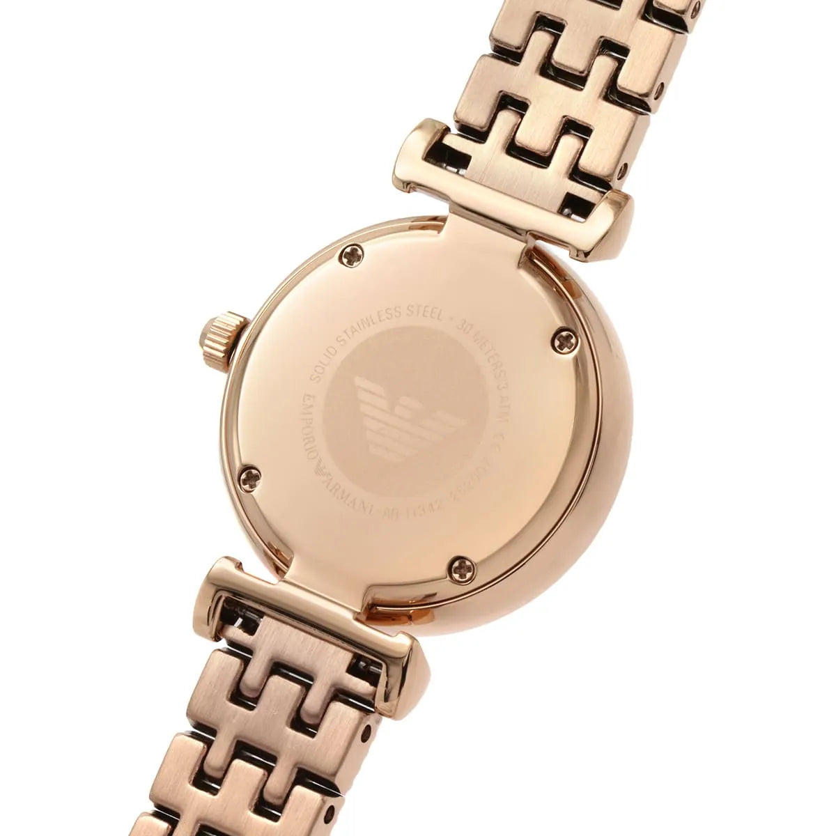 Emporio Armani Gianna T-bar watch caseback showing engraved design on rose gold case