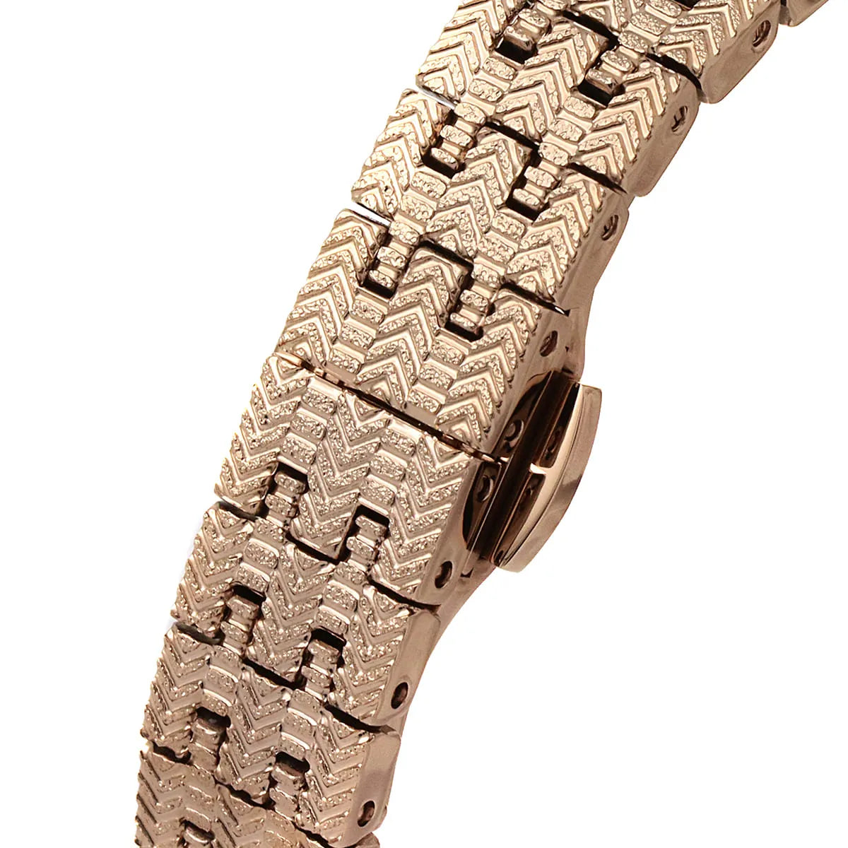 Emporio Armani Gianna T-bar rose gold metal strap close-up showing T-bar link pattern detail