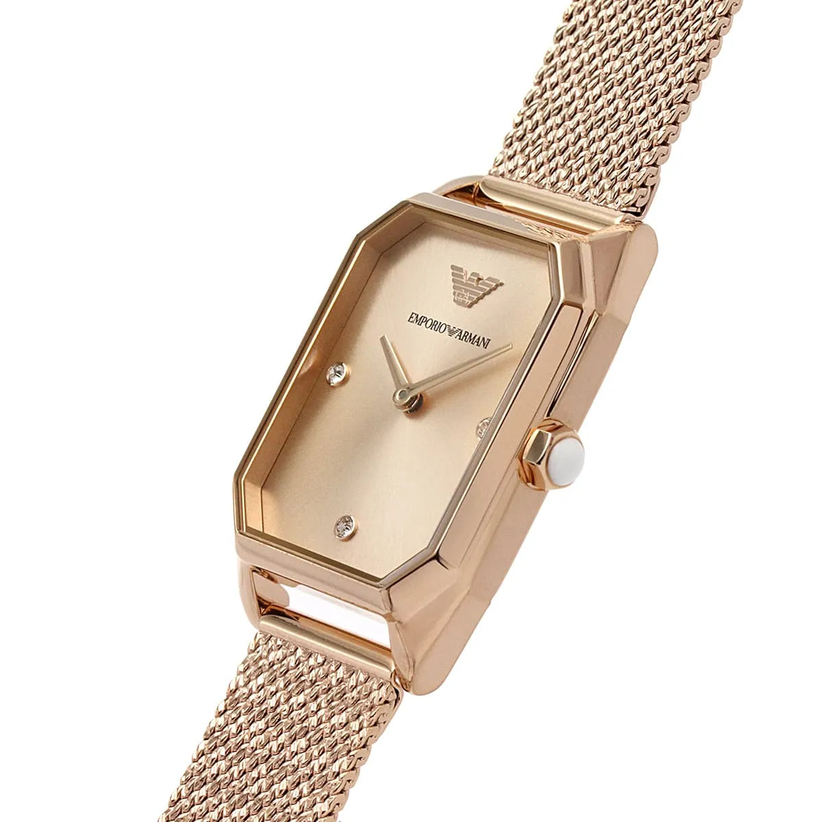 Emporio Armani Joy rose gold watch on mesh bracelet, angled perspective view