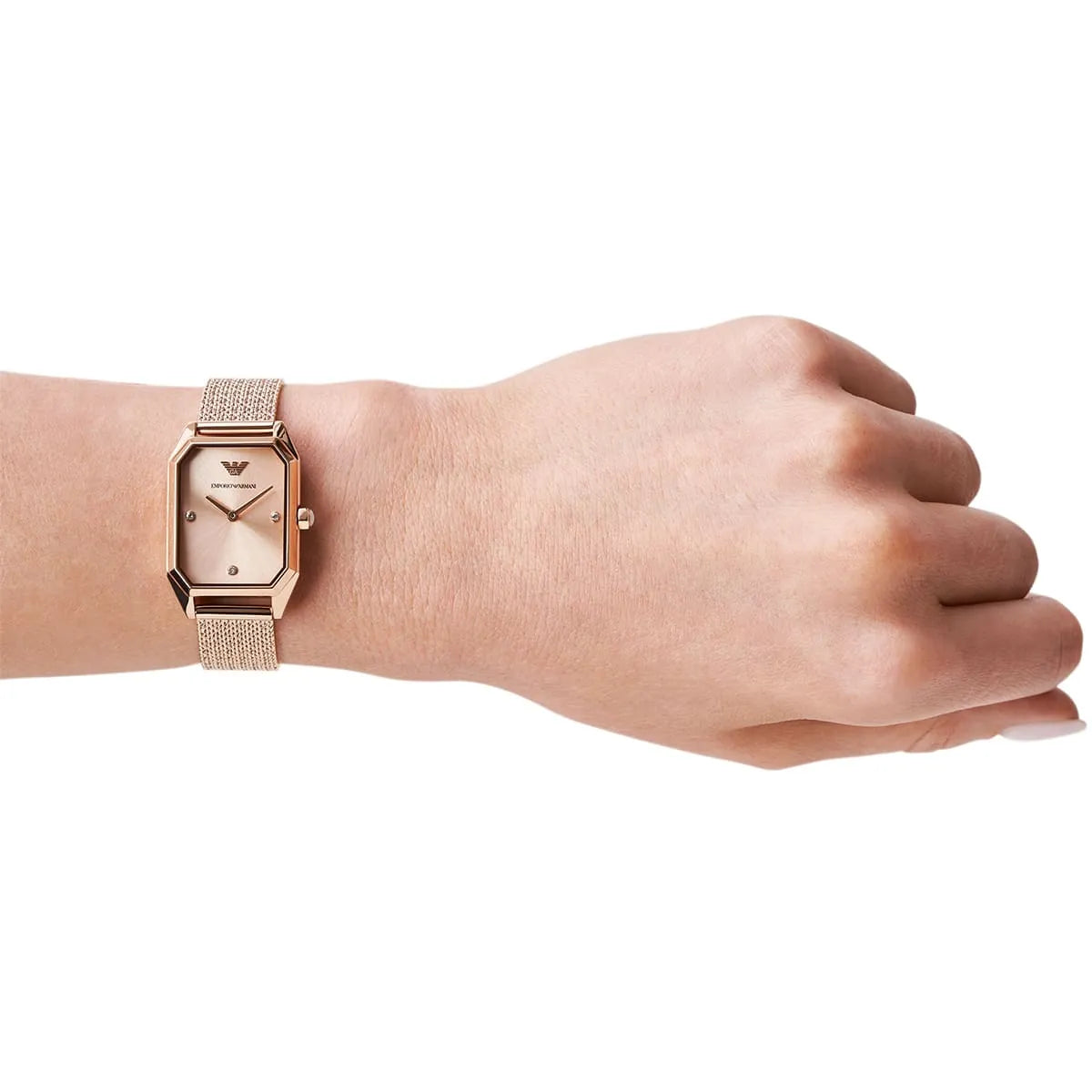 Emporio Armani Joy rose gold watch worn on wrist with mesh bracelet