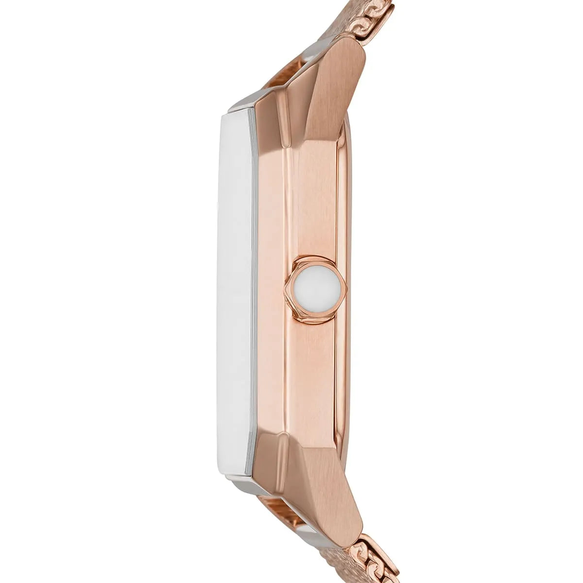 Side profile of Emporio Armani Joy rose gold watch showing case depth and crown