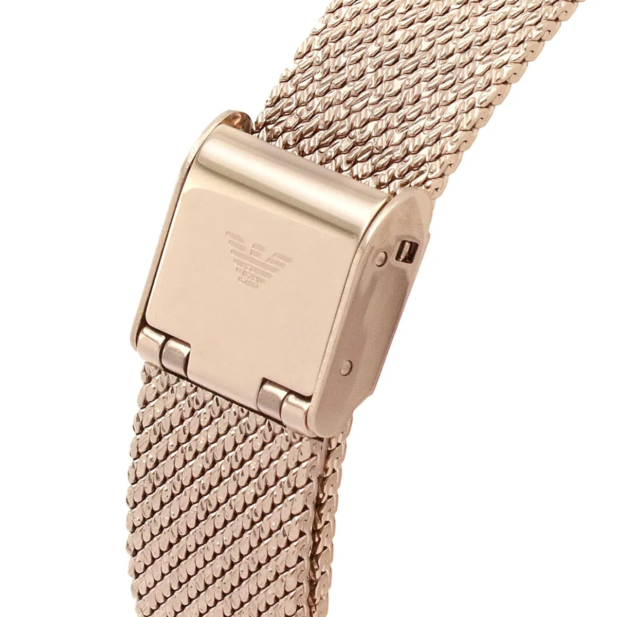 Close-up of rose gold mesh bracelet on Emporio Armani Joy watch with clasp detail