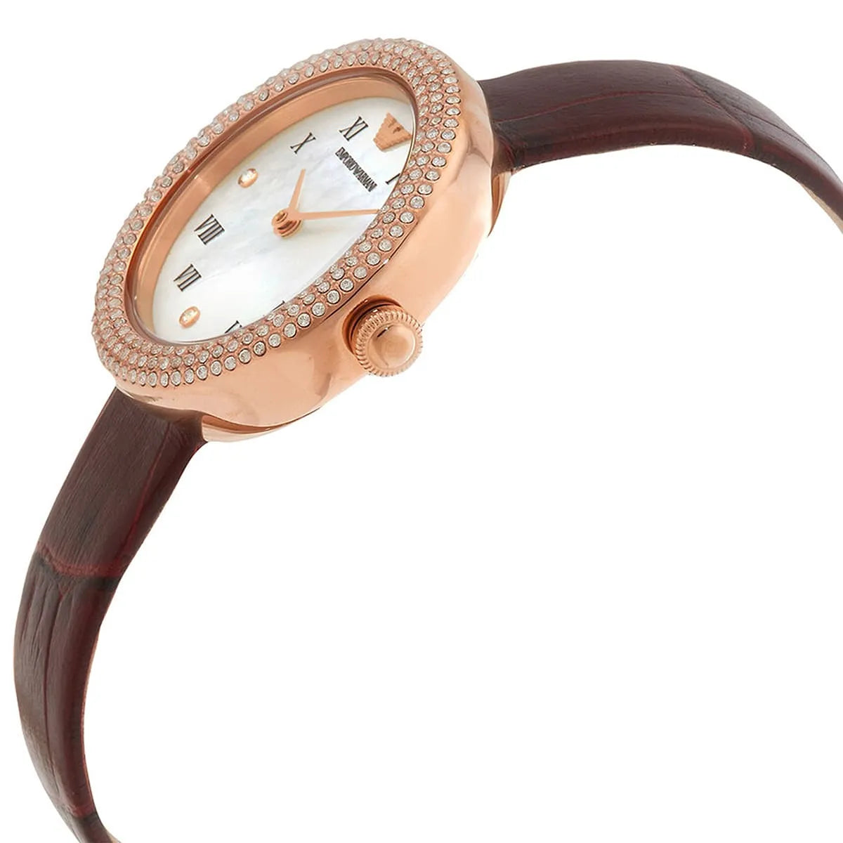 Emporio Armani AR11357 watch angled view showing rose gold case with crystal-set bezel and burgundy leather strap