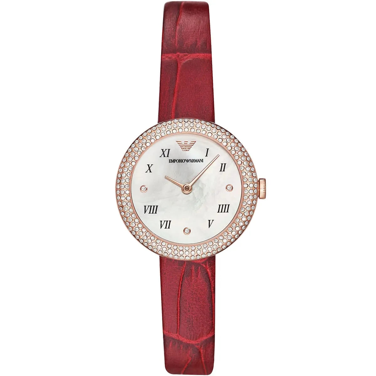 Emporio Armani AR11357 women's watch with white mother-of-pearl dial, Roman numerals, rose gold case and red leather strap
