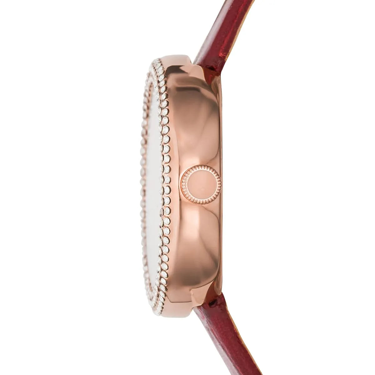 Emporio Armani AR11357 watch side profile showing rose gold case thickness and red croc-embossed leather strap