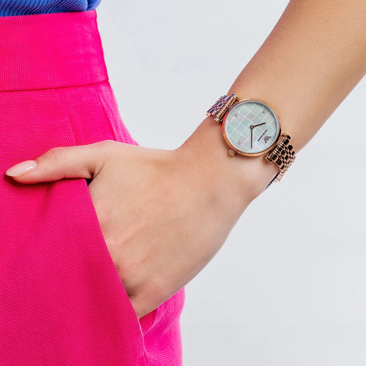 Emporio Armani AR11385 watch on wrist with pink sleeve showing case and bracelet fit