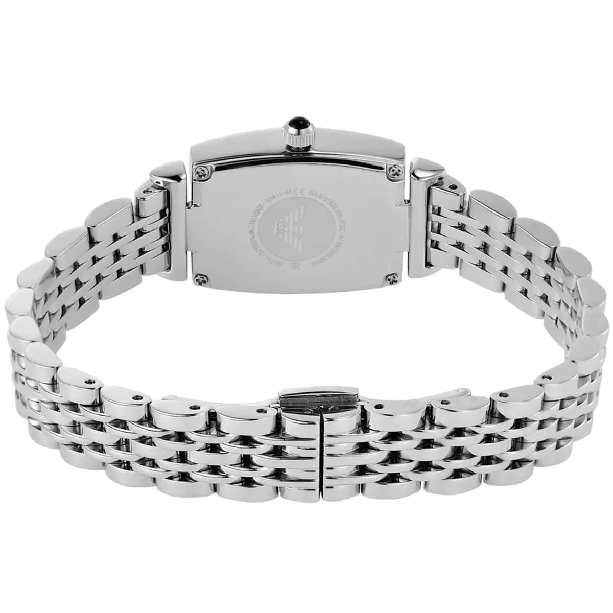 Emporio Armani Gianni T-Bar watch worn, displaying white dial and stainless steel bracelet