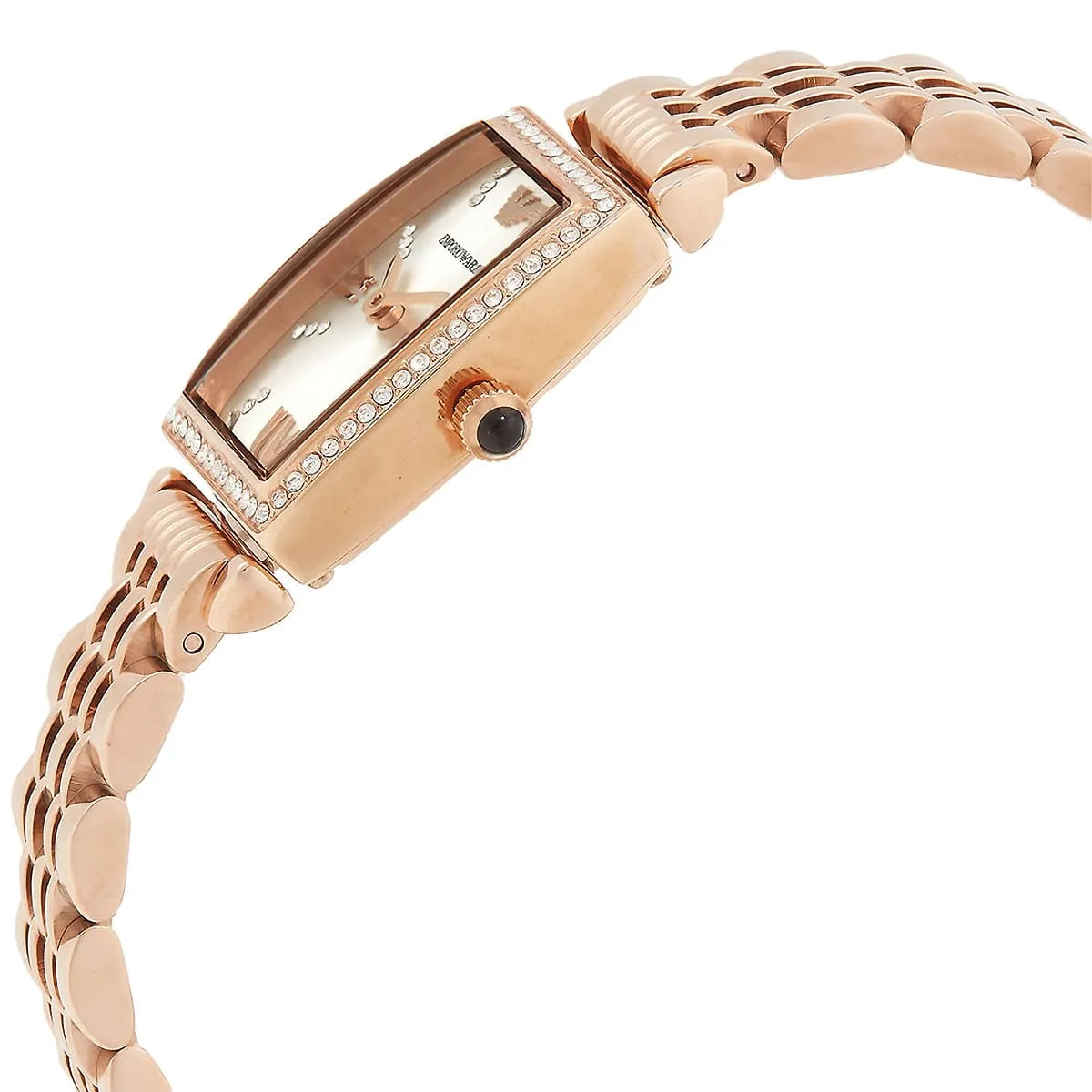 Emporio Armani Gianni T-Bar angled view showing case with crystal bezel and bracelet