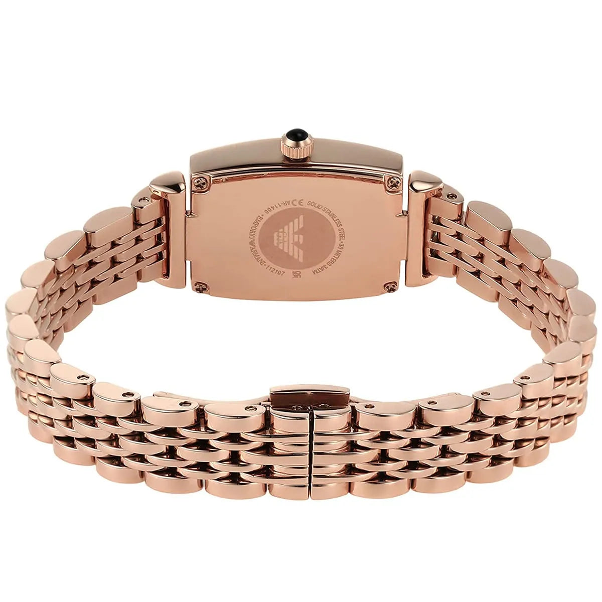 Emporio Armani Gianni T-Bar rose gold bracelet back view with deployment clasp
