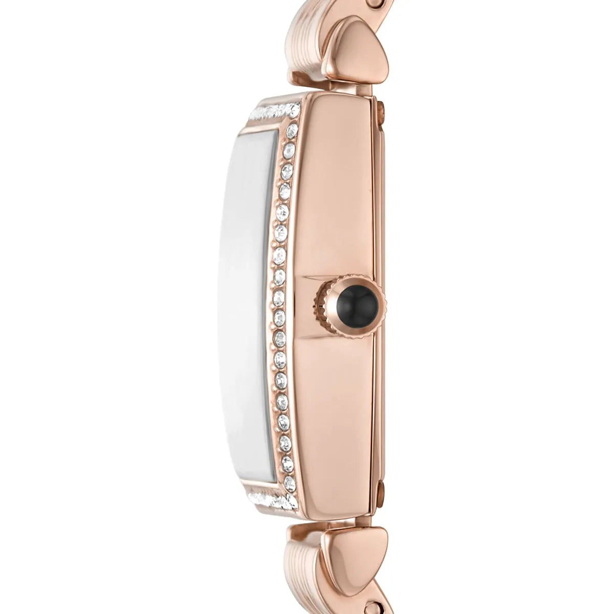 Emporio Armani Gianni T-Bar watch side profile showing crystal-set bezel and crown