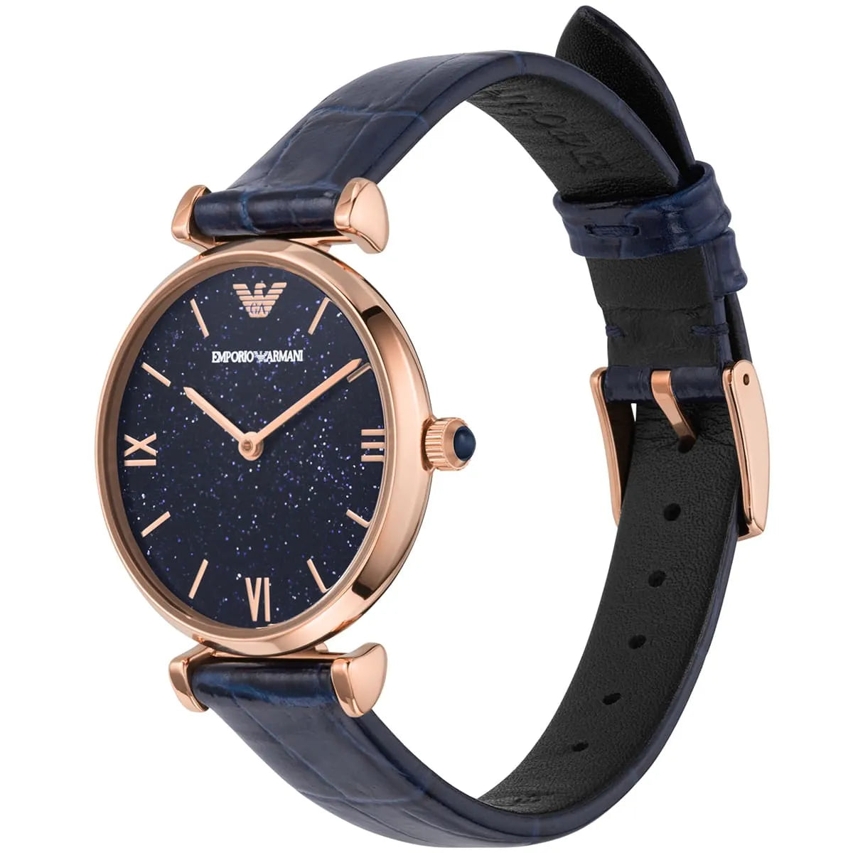 Emporio Armani Gianni T-Bar watch at angle showing blue dial and leather strap