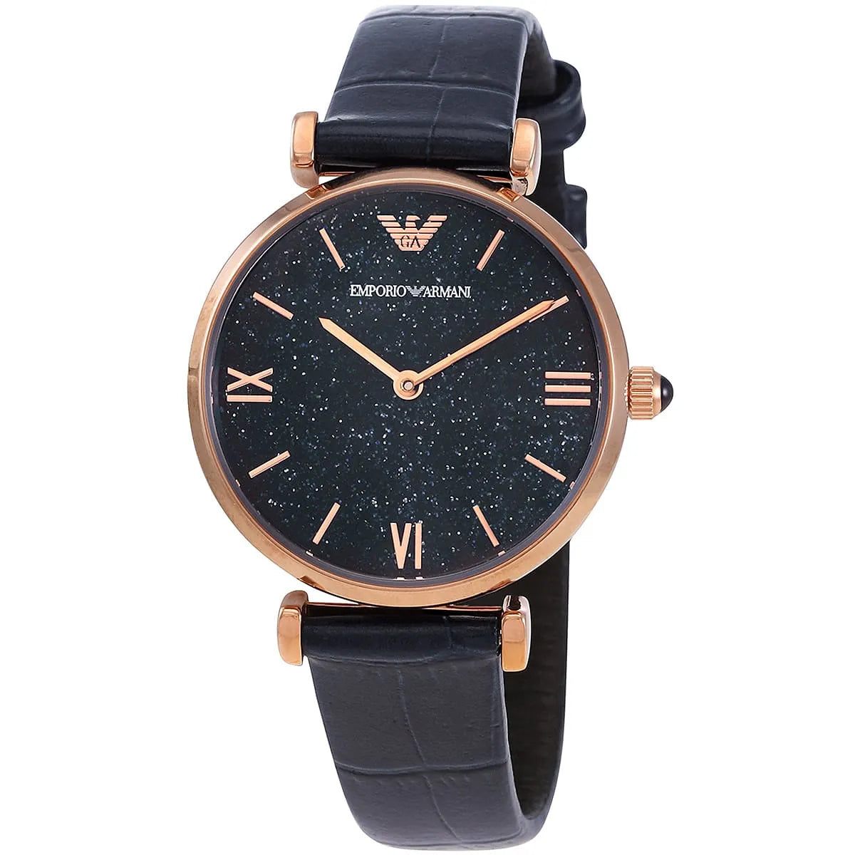 Emporio Armani Gianni T-Bar women's watch with blue sparkle dial and navy leather strap