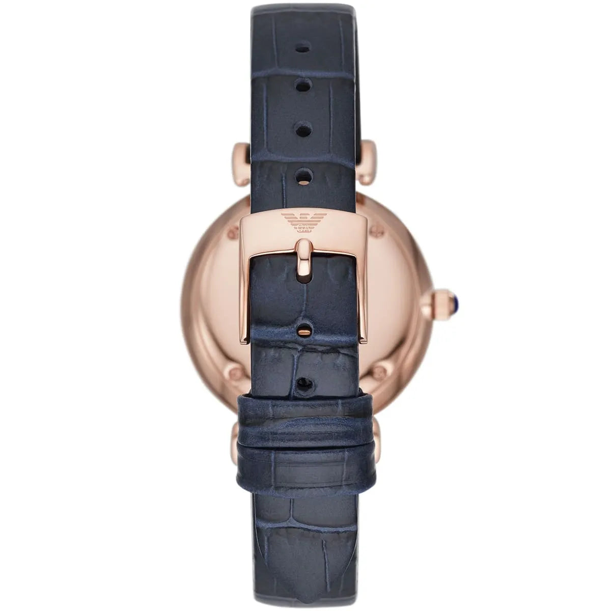 Caseback of Emporio Armani Gianni T-Bar watch showing rose gold with navy strap