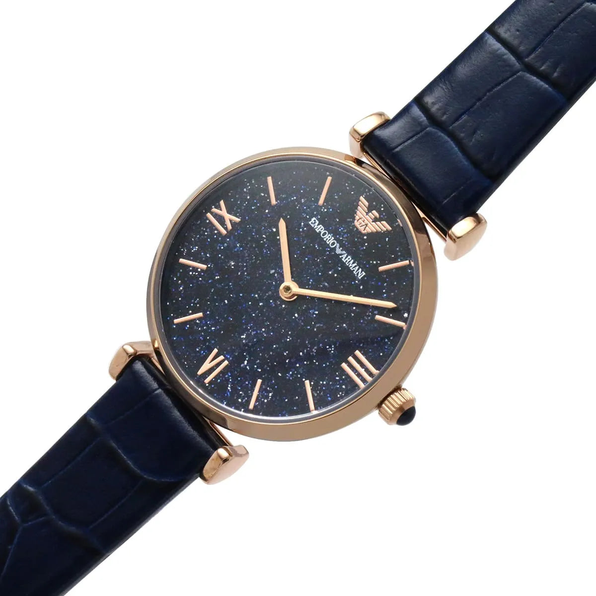 Emporio Armani Gianni T-Bar watch worn on wrist showing blue dial and navy leather strap