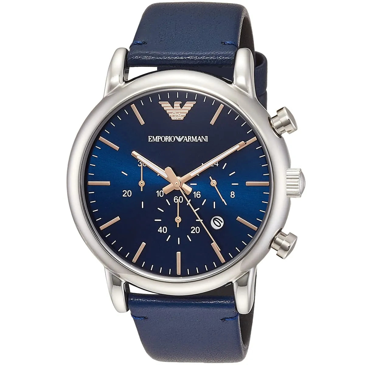 Emporio Armani AR11451 chronograph watch with blue dial and navy leather strap