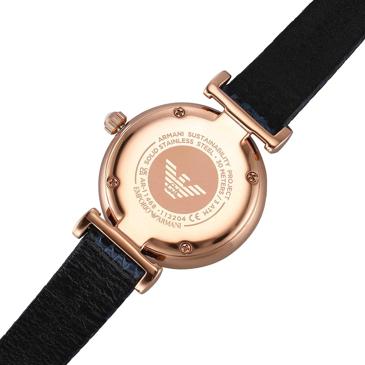 Emporio Armani caseback showing engraved eagle logo and case specifications