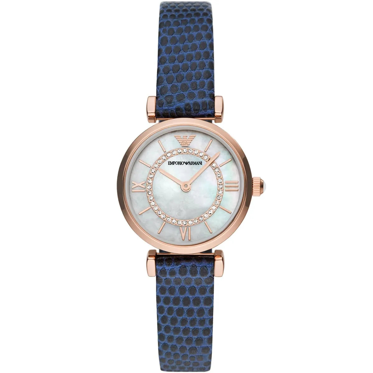 Emporio Armani Gianni T-Bar front view with mother of pearl dial and crystal-set bezel