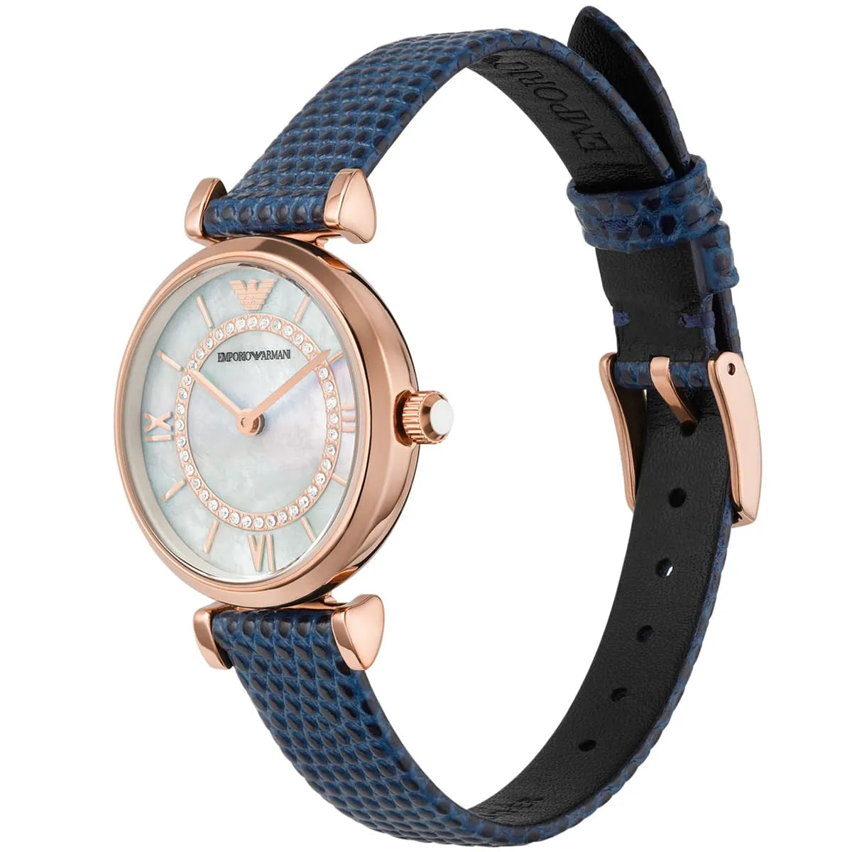 Emporio Armani Gianni T-Bar on wrist showing mother of pearl dial and blue leather strap