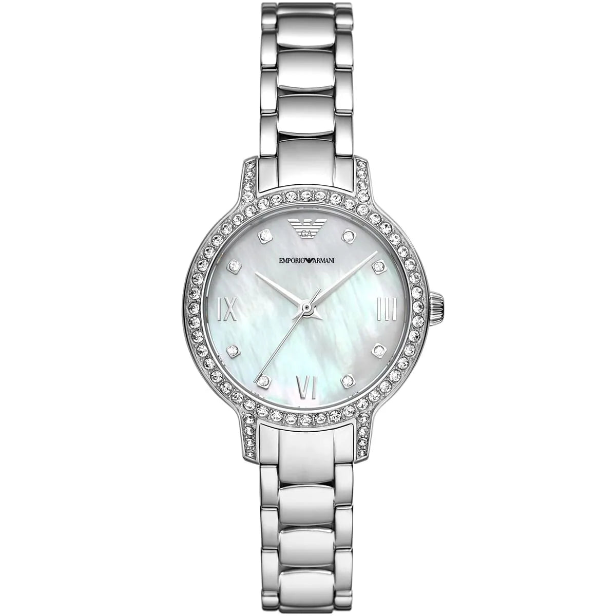 Emporio Armani AR11484 women's watch with mother-of-pearl dial, crystal-set bezel, and silver stainless steel bracelet