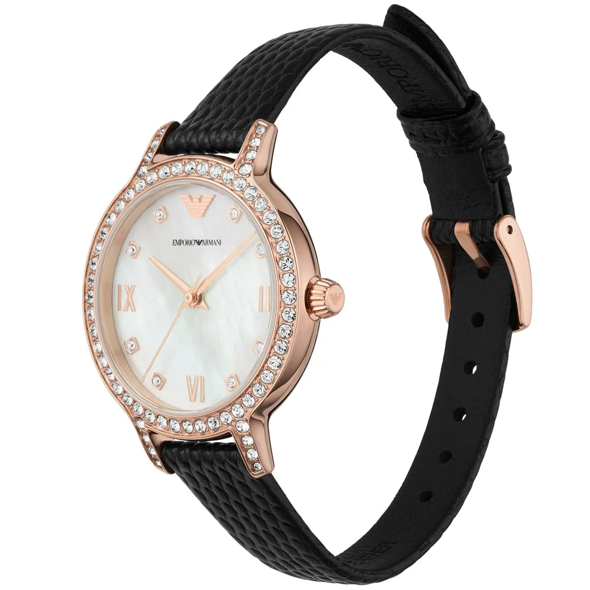 Three-quarter angle view of Emporio Armani AR11485 watch on wrist with oval dial and black textured leather strap