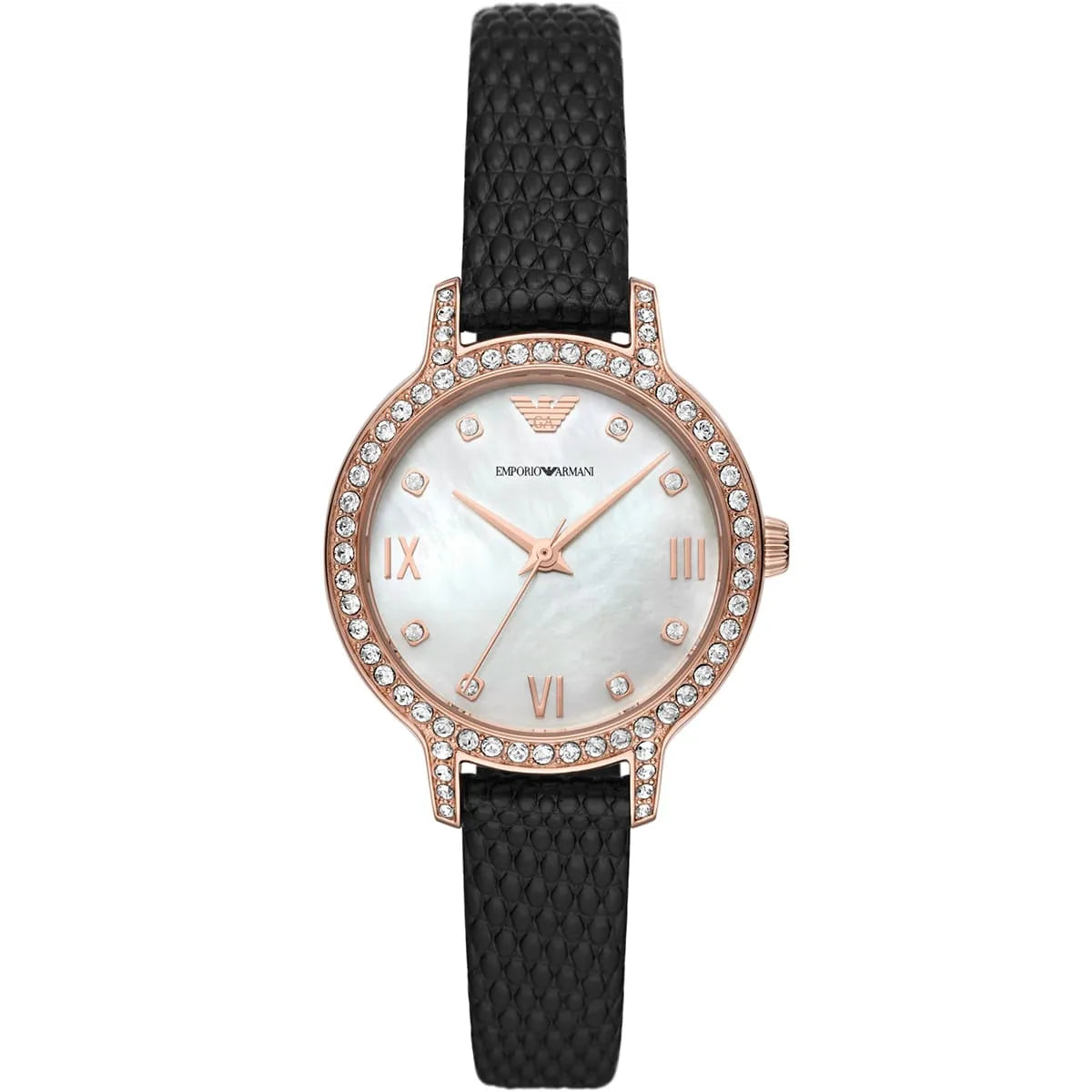 Front view of Emporio Armani AR11485 with oval MOP dial, rose gold case, and crystal bezel detail
