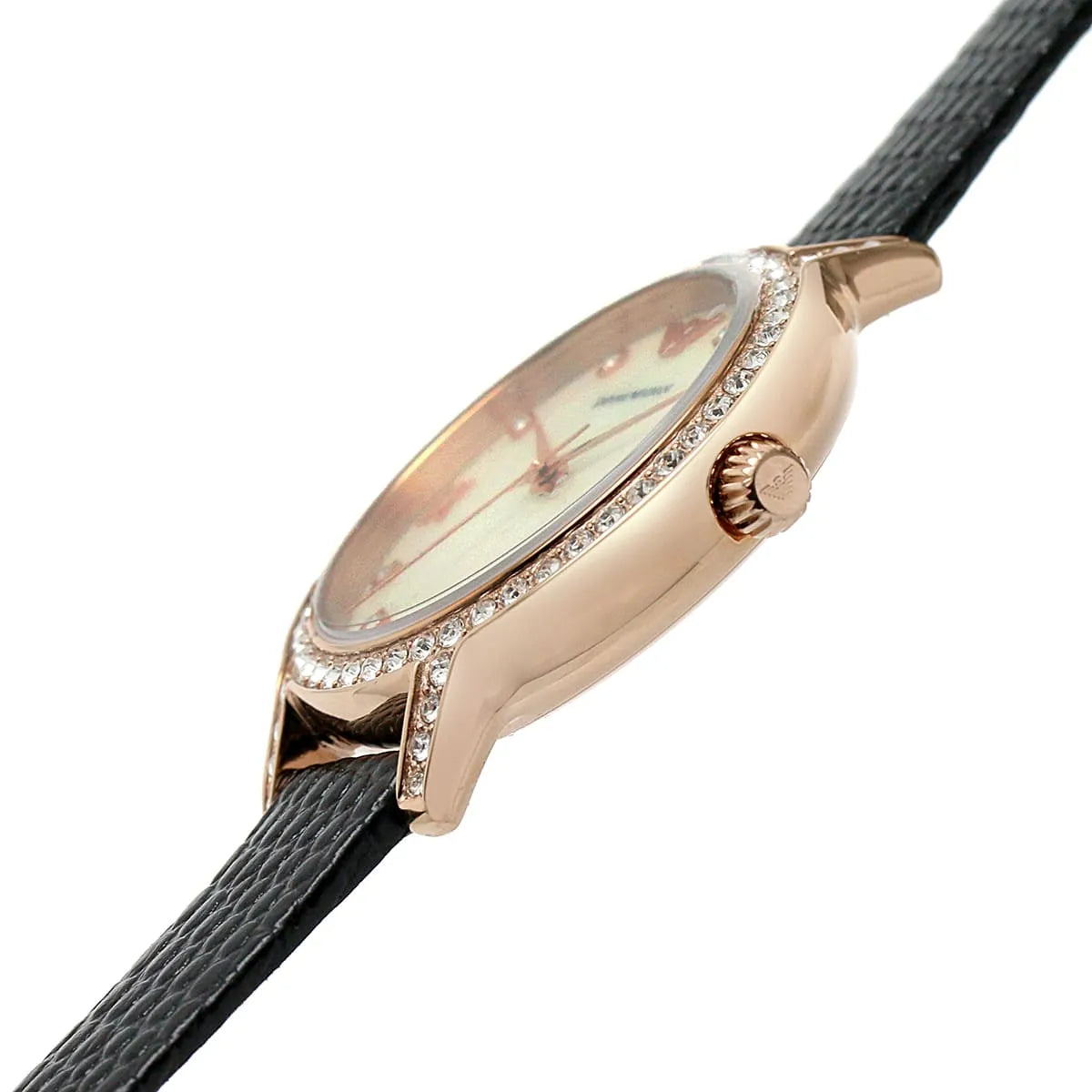 Side view detail of Emporio Armani AR11485 displaying case thickness, MOP dial, and crown